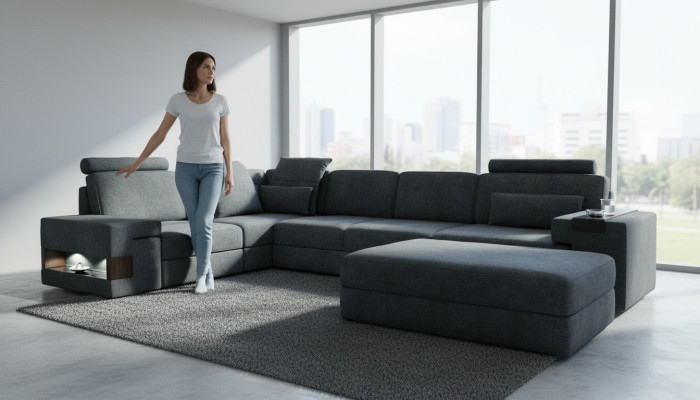 Design sofa couch corner with ottoman upholstered furniture living room L-shape modern luxury