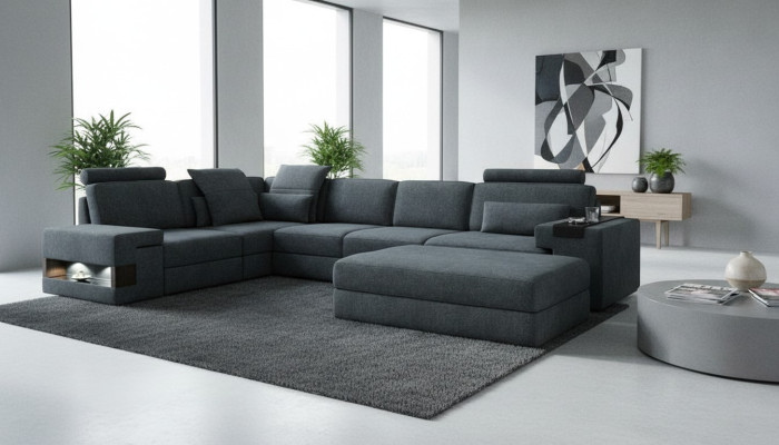 Design sofa couch corner with ottoman upholstered furniture living room L-shape modern luxury