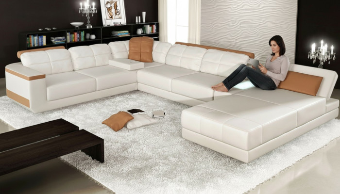 Sectional U-shaped sofa couch textile sofas design living area bed function leather