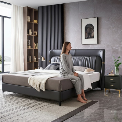 Luxury bed, bedroom, leather upholstery, decorative double beds, metal design
