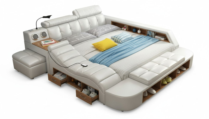 Design Bed XXL Big Beds Leather Upholstery Hotel 180x200cm Multifunction