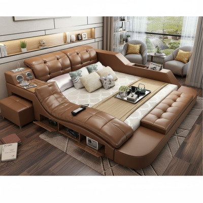 Double luxury leather bed + USB upholstered beds modern hotel multifunction massage