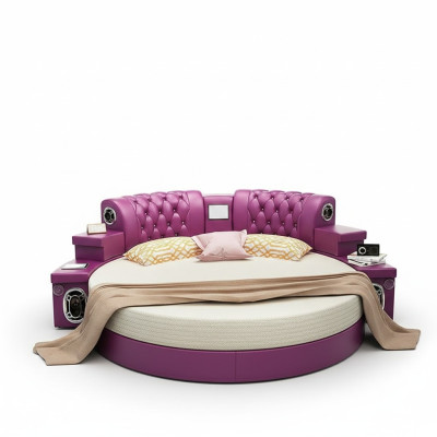 Round king-size bed round beds multifunction hotel upholstery leather shelf