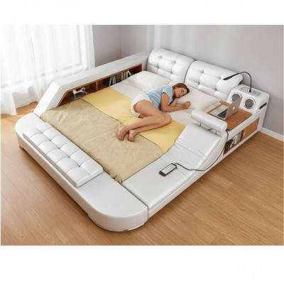 Design double luxury leather bed, upholstered beds with USB, multifunctional hotel, new.