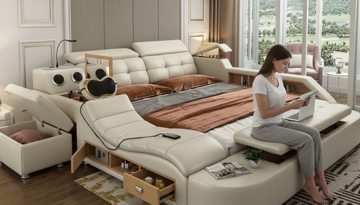 Multifunctional Bed Luxury Design Leather Beds Double Shelf 180x200cm