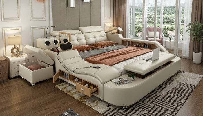Multifunctional Bed Luxury Design Leather Beds Double Shelf 180x200cm
