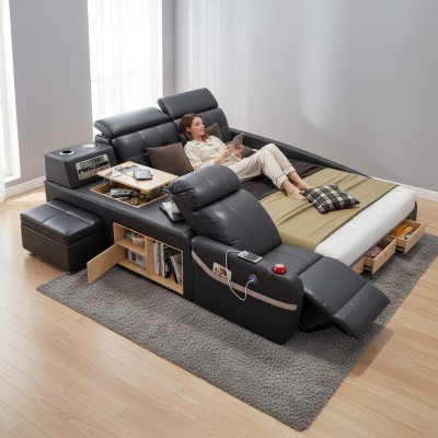 Multifunction Deluxe Beds Massage Function Bed Hotel Upholstered LED USB Radio