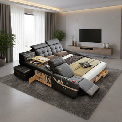 Multifunction Deluxe Beds Massage Function Bed Hotel Upholstered LED USB Radio