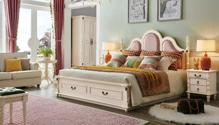 3-piece bedroom set, 2x wooden nightstands, designer bed, luxury classic new