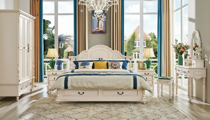 Bedroom set bed nightstand wardrobe chair dressing table design 6-piece set.