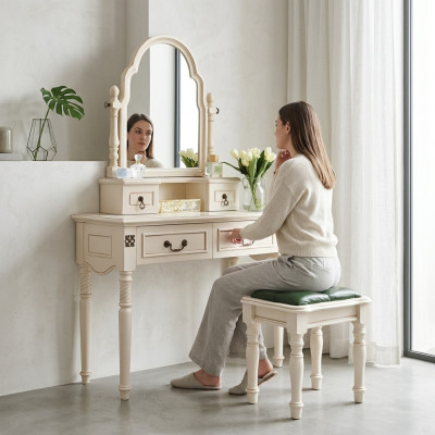 Set: Makeup Table, Vanity Table, Dressing Table with Mirror and Stool, 2-piece Wood.