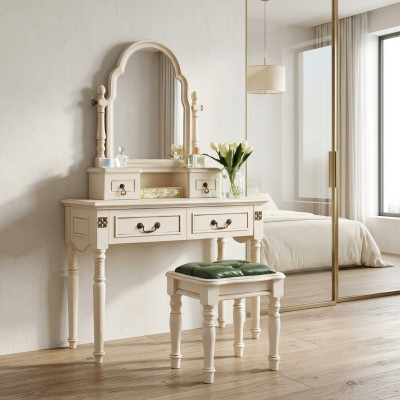 Set: Makeup Table, Vanity Table, Dressing Table with Mirror and Stool, 2-piece Wood.