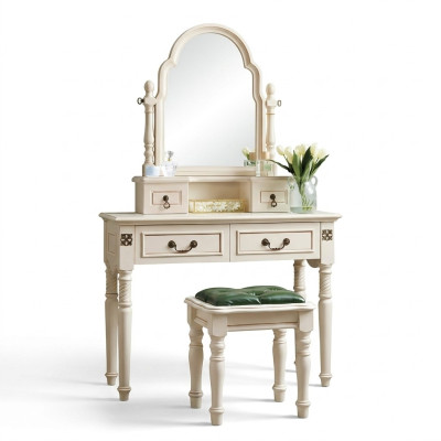 Set: Makeup Table, Vanity Table, Dressing Table with Mirror and Stool, 2-piece Wood.