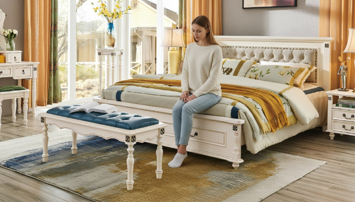 Noble double bed with luxurious wood design and upholstered headboard