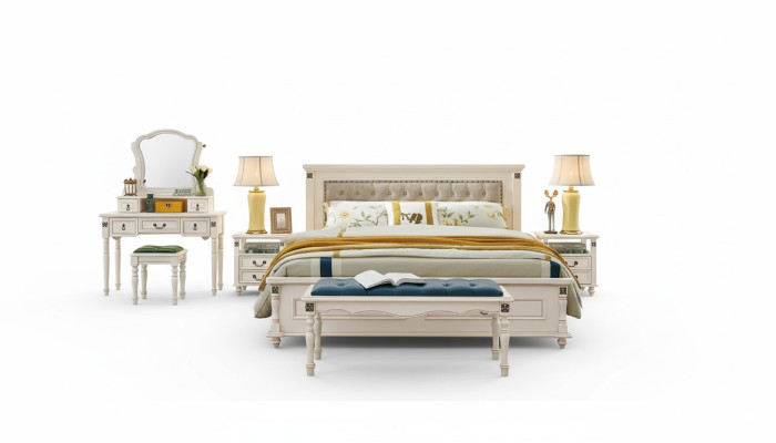 Noble double bed with luxurious wood design and upholstered headboard