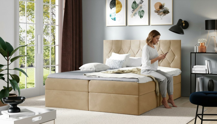 Luxury Box Spring Bed Hotel Beds Upholstered Function Bed Frame 180x200cm Beige