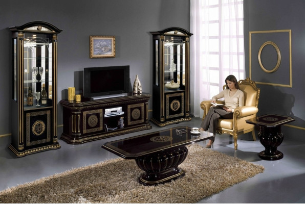 Luxury 5-piece living room set with display cabinet, coffee table, and black side table