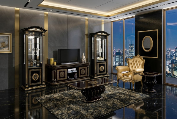 Luxury 5-piece living room set with display cabinet, coffee table, and black side table