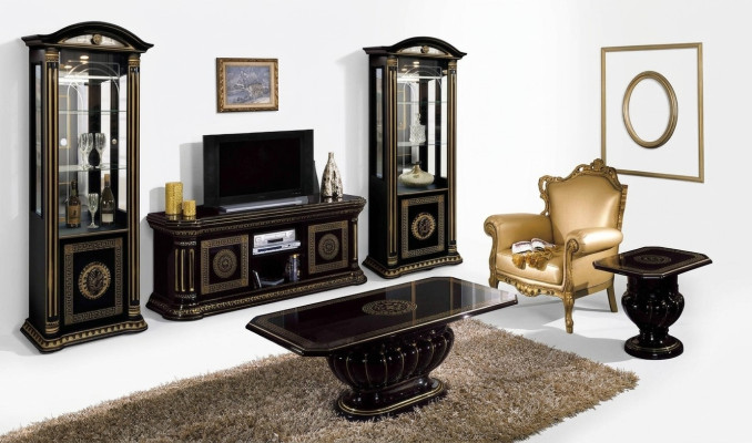 Luxury 5-piece living room set with display cabinet, coffee table, and black side table