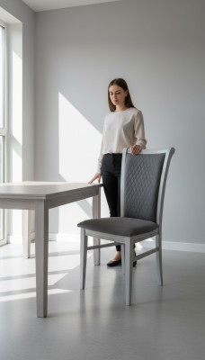 Dining room chair, wooden chair, gray fabric with armrest, relaxed design, armchair, Italy