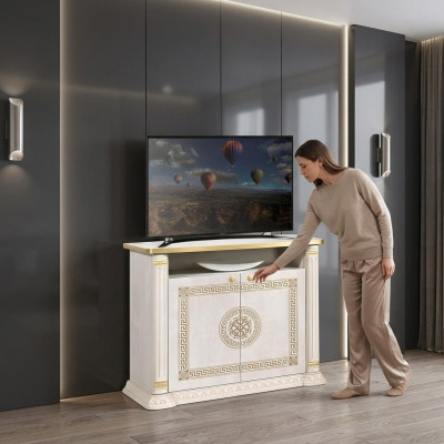 Designer TV unit, console for television, luxury beige wooden furniture