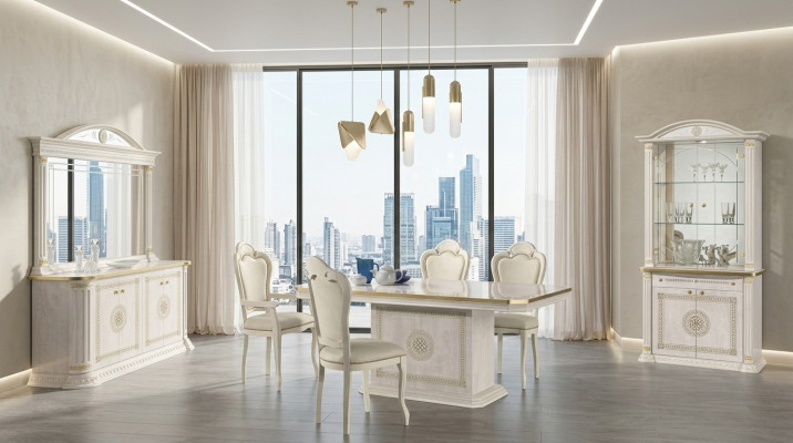 Luxury dining table chair dresser mirror showcase set 8 pieces