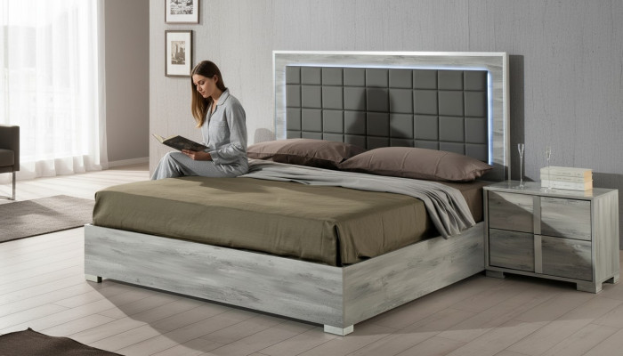 Luxury double bed in upholstered gray wood with modern design