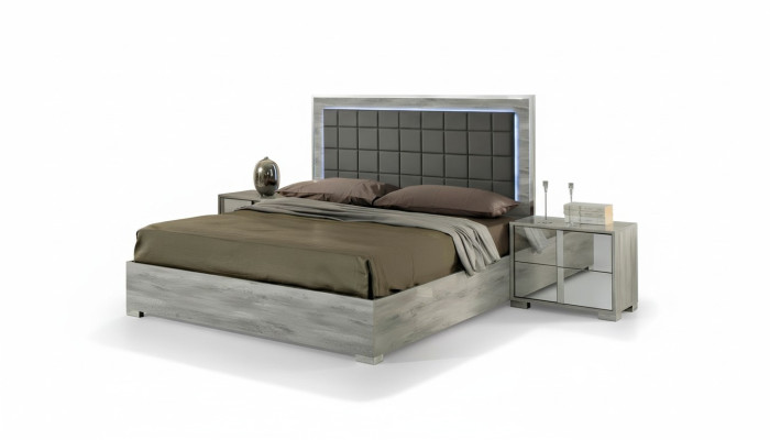 Luxury double bed in upholstered gray wood with modern design