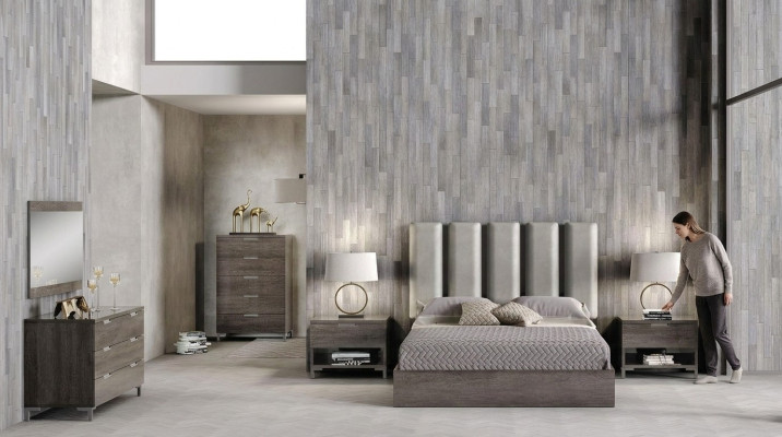 6-piece upholstered king bedroom set with nightstand, dresser, mirror, and bed