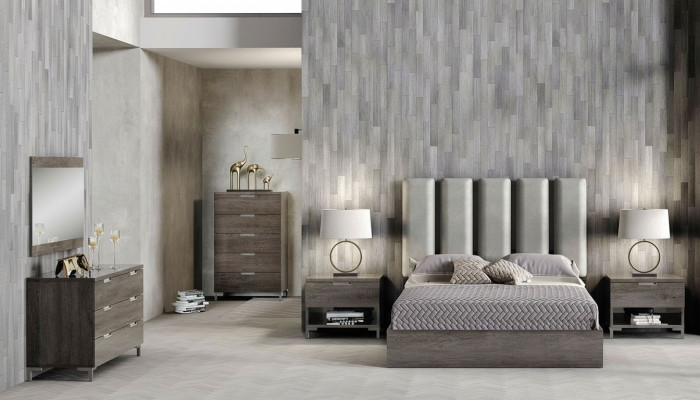 6-piece upholstered king bedroom set with nightstand, dresser, mirror, and bed