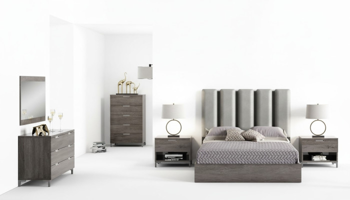 6-piece upholstered king bedroom set with nightstand, dresser, mirror, and bed