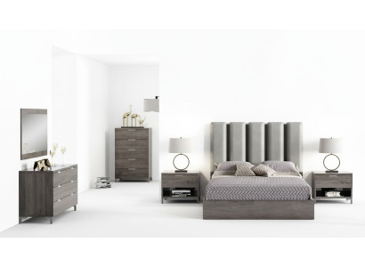 6-piece upholstered king bedroom set with nightstand, dresser, mirror, and bed