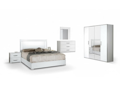Modern bedroom set, nightstand, wardrobe, chest of drawers and mirror white 6 pieces
