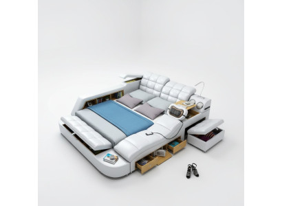 Bed Double Shelves Leather Upholstered Beds Multifunction with Massage Function New