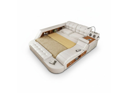 Double Luxury Leather Bed + USB Upholstered Beds Modern Hotel Multifunction