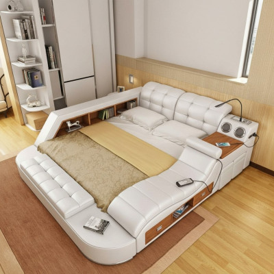 Multifunction Bed Shelf Wardrobe USB Charging Station Double Leather Beds