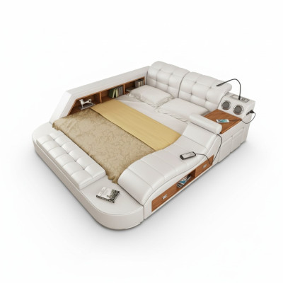 Multifunction Bed Shelf Wardrobe USB Charging Station Double Leather Beds