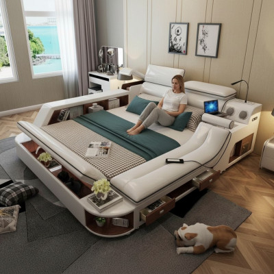 Beds Hotel 180x200cm Multifunction Shelf USB Design Bed XXL Big Leather
