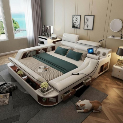 Beds Hotel 180x200cm Multifunction Shelf USB Design Bed XXL Big Leather