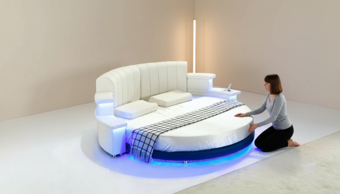 Round bed furniture upholstered beds bedroom furniture leather bed LED