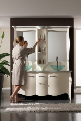 Classic double sink bathroom vanity with wooden base cabinet and freestanding mirror