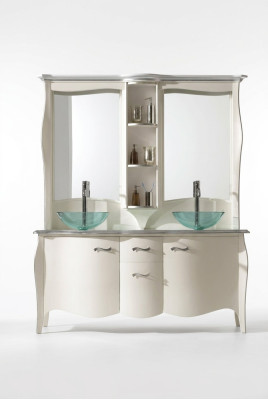 Classic double sink bathroom vanity with wooden base cabinet and freestanding mirror