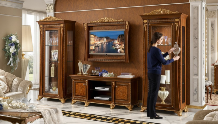 4-piece set: living room RTV, 2x display cabinet, TV frame, wood, luxury ensemble group, Italy