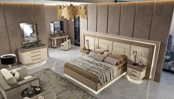 Luxury bedroom design with bed, 2 nightstands, dresser set, 8-piece set.
