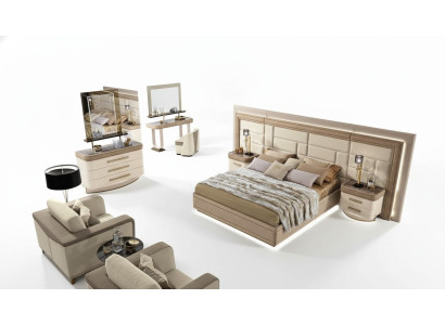 Luxury bedroom design with bed, 2 nightstands, dresser set, 8-piece set.
