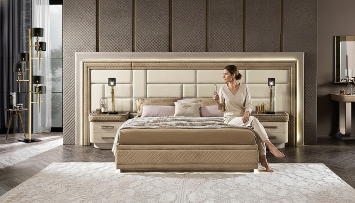 Bedroom furniture bed solid beige Italian furniture wood double bed