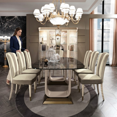 Dining Room Set Ensemble 6x Chairs Dining Table Group Dining Set Display Cabinet Table 7-piece