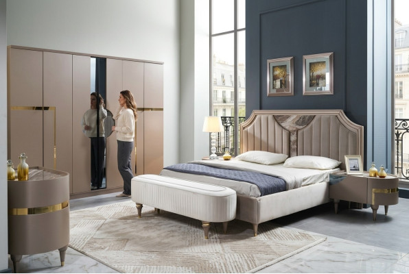 Bedroom bed, nightstand, wardrobe, dresser, stool, set, 6-piece, new