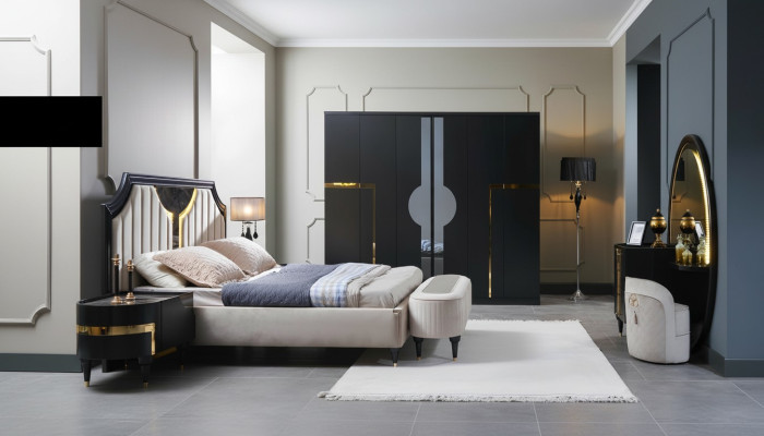 Bedroom bed nightstand wardrobe dresser mirror stool black 7-piece set