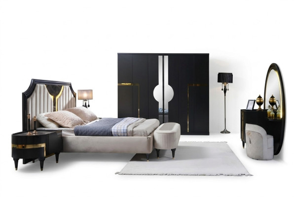 Bedroom bed nightstand wardrobe dresser mirror stool black 7-piece set
